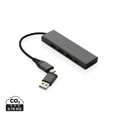 Aluminium USB hub made with RCS (Recycled Claim Standard) certified recycled aluminium, ABS, TPE and PET.  With 3 USB A 2.0 ports and 1 type C port. The HUB has an integrated 10 cm cable made from recycled RCS certified TPE/PET material. Total recycled co